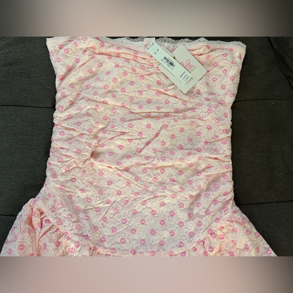 PINK x LoveShackFancy Strapless Lace Mini Dress Icon Polka Dot Pink Small NWT - Picture 10 of 16